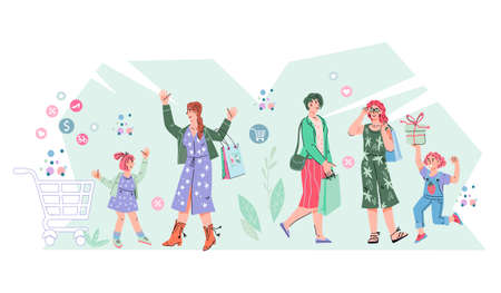 Banner with happy women and girls shopping together. Womens and mothers day sale shopping, flat cartoon vector illustration isolated on white background.のイラスト素材