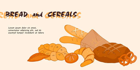 Hand drawn banner or flyer for bakery with bread production, vector illustration.