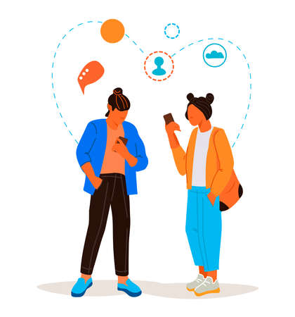 Young people talking on mobile phone. Man and woman communicating via social network, flat vector illustration isolated on white background.のイラスト素材