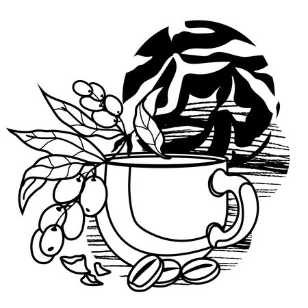 Coffee emblem or element design. Monochrome line art image of coffee plant elements with cup, vector illustration isolated on white background.のイラスト素材