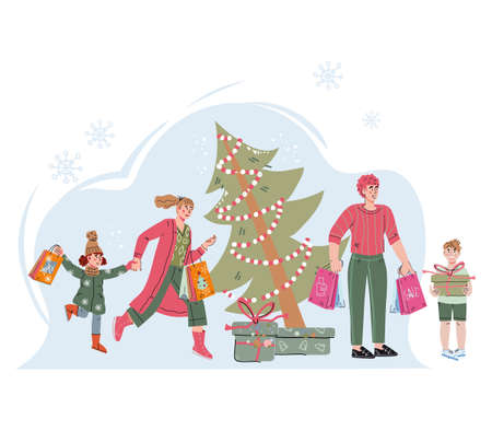 Family buys Christmas and New Year gifts, flat vector illustration isolated on white background. Family is working with bags at Christmas market.のイラスト素材