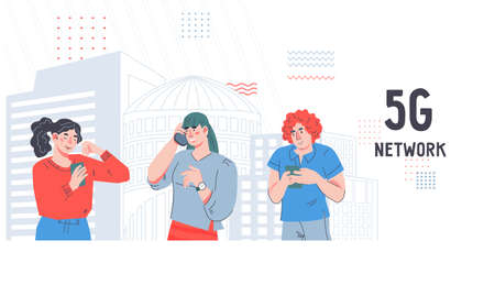 5g network website interface template with people using mobile devices, flat vector illustration. 5 G WI-FI wireless connection technology web banner mockup.のイラスト素材