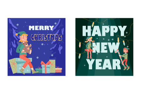 Christmas card or banners bundle with cute elves, flat vector illustration. Christmas and New Year greeting cards collection.のイラスト素材