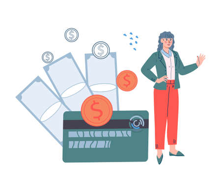 Business woman successful and self-confident among money and finance symbols, flat vector illustration isolated on white background. Money savings, economy and investment.のイラスト素材