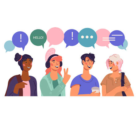 Communicating people with speech bubbles above their heads. Communication and language concept, social media network and internet connection technology, flat vector illustration.のイラスト素材