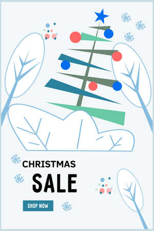 Christmas sales promotion banner or poster design, flat cartoon vector illustration. Christmas season sales and fairs, holiday market advert for web or mobile app.のイラスト素材