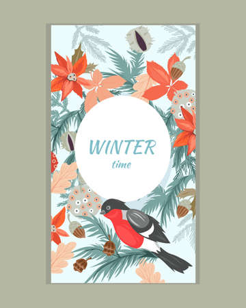 Christmas and New Year banner or poster in hand drawn vintage style with bullfinch, flat vector illustration. Christmas background.のイラスト素材