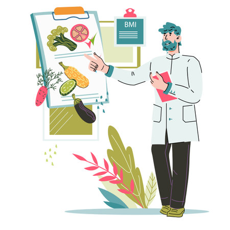 Nutritionist or dietician showing plan of healthy eating. Healthy nutrition and diet, weight control, flat vector illustration isolated on white background.のイラスト素材