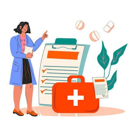 Doctor or pharmacist of Drugstore near medicine pills, cartoon flat vector illustration isolated on white background. Pharmacy and doctor prescription, medication concept.のイラスト素材
