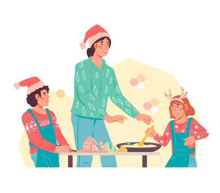 Family cooking festive dinner flat vector illustration isolated on white background. Mother and kids cooking together for Christmas and New Year holiday.のイラスト素材
