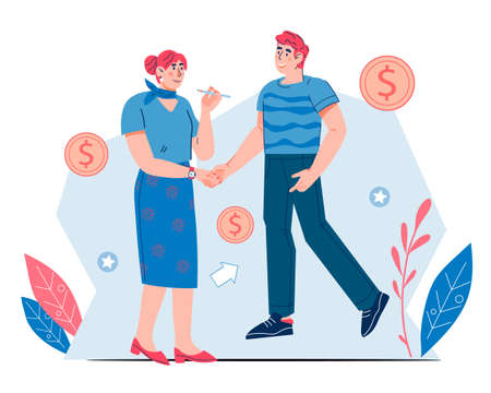 Agreement or deal of business people, conclusion of contracts in negotiations. Business people concluding deal or contract with handshake, flat vector illustration isolated on white background.のイラスト素材