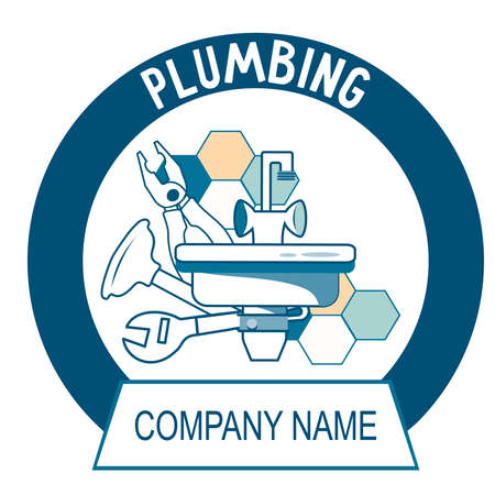 Plumbing service logo or company emblem template, flat vector illustration isolated on white background. Pipeline and plumbing maintenance.のイラスト素材