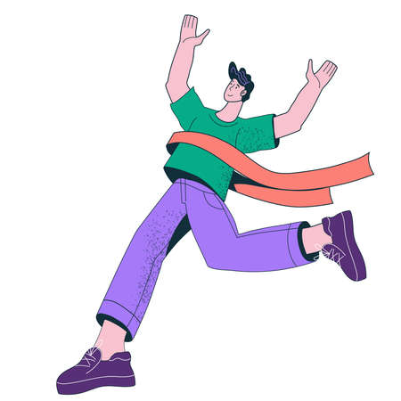 Businessman crosses the finish line, wins and achieves goals. Business target and winner in competition or rivalry, flat vector illustration isolated on white background.のイラスト素材