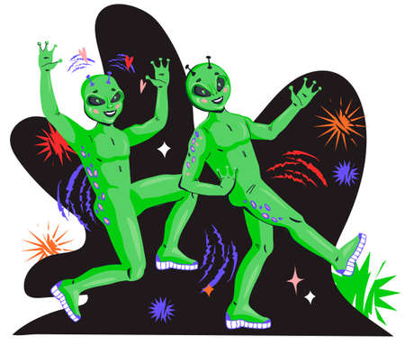 Friendly cheerful alien green men at decorative space backdrop, cartoon flat vector illustration...