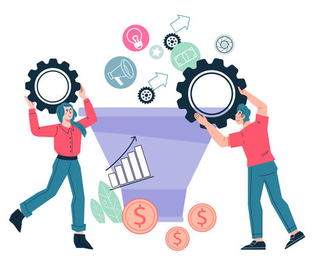 Sales funnel generation concept with business people characters. Digital marketing and e-business, e-commerce technology, flat cartoon vector illustration isolated on white background.のイラスト素材
