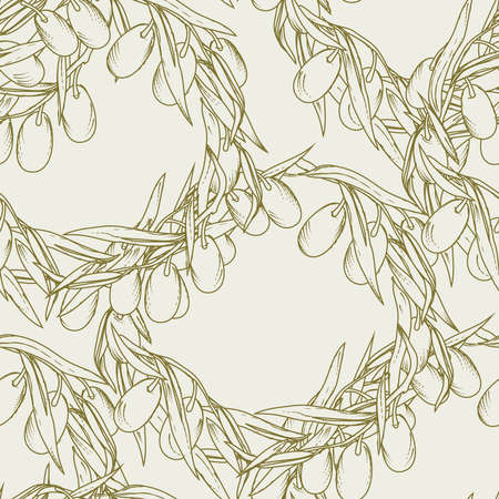 Olives vector seamless pattern design. Endless background design for olive oil, food wrapping and packaging, natural cosmetics, vector illustration in hand drawn outline style.のイラスト素材