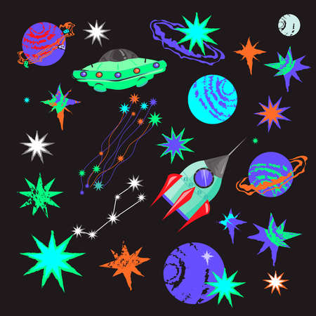 Space icons set with alien spaceship and rocket, planets and stars, cartoon flat vector illustration isolated on black background. Space and galaxy items bundle.のイラスト素材
