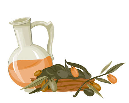 Olive oil and olives in basket, hand drawn flat vector illustration isolated on white background. Emblem or label, olives packaging design element.のイラスト素材