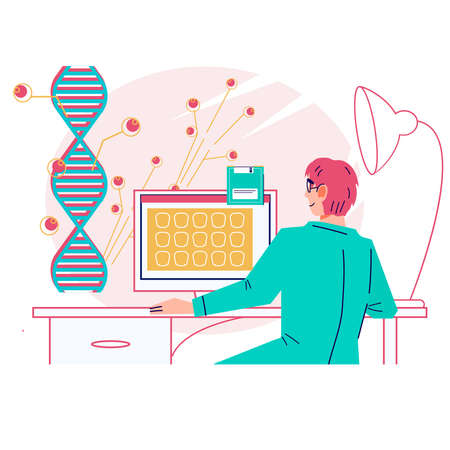 Genetic DNA laboratory research, biotechnology and bioengineering concept. Scientist study human gene, genome for medicine, and pharmacy, cartoon flat vector illustration isolated on white background.のイラスト素材