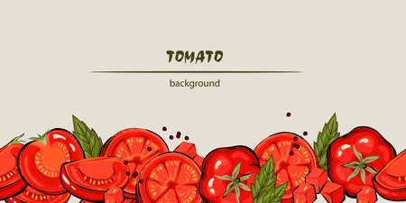 Tomato and basil seamless background or decorative lower border of frame, hand drawn vector illustration isolated on background. Organic food and italian cuisine frame with tomato vegetables.のイラスト素材