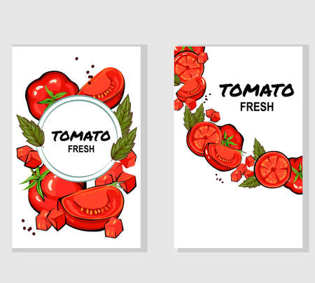 Tomatoes hand drawn banners or labels set. Tomato food frames for posters for farm market or vegetable packaging design, sketch color vector illustration.のイラスト素材