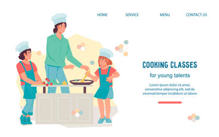Kids cooking culinary class web landing page layout, flat illustration. Website banner interface with children cook food with woman teacher.のイラスト素材
