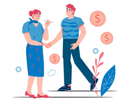 Partnership and business collaboration concept with business people shake hands after negotiation, agreement or transaction conclusion, flat vector illustration isolated on white background.のイラスト素材