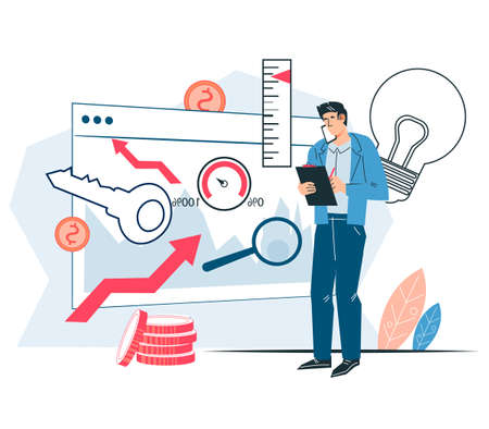 Business analytics, management and KPI system concept with business professional studying data and metrics, cartoon flat vector illustration isolated on white background.のイラスト素材