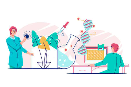 Bioengineering, biotechnology and microbiology researches banner with scientists in laboratory study genome, flat vector illustration isolated on white background.のイラスト素材