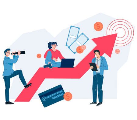 Business people cheering for profit increase. Financial administration and business vision concept, flat cartoon vector illustration isolated on white for website and presentation page.のイラスト素材