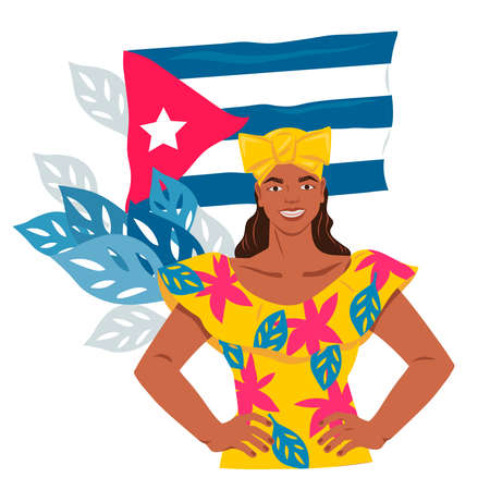 Cuban young woman in traditional dress at backdrop of Cuba national flag. Cuban ethnic female character in colorful costume, flat cartoon vector illustration isolated on white background.のイラスト素材