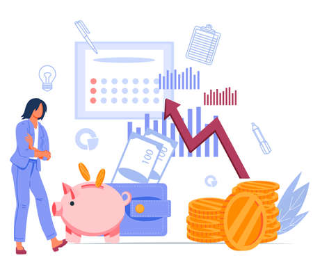 Stock market analytics concept. CEO manager or economist analyzing project statistics and financial investments graphs, flat vector illustration isolated on white background.のイラスト素材