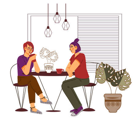Two girlfriends chatting at a table in a restaurant or coffee shop, flat cartoon vector cartoon illustration isolated on white background. Cafe or fast food restaurant customers.のイラスト素材