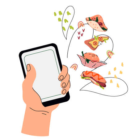 Ready meal ordering to home using a smartphone app, food delivery and takeaway mobile application, flat cartoon vector cartoon illustration isolated on white background.のイラスト素材