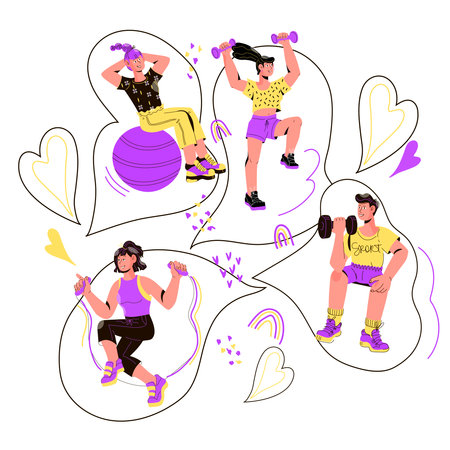 People doing various sport exercises. Fitness activities, sport training and gym workout, flat vector illustration isolated on white background.のイラスト素材
