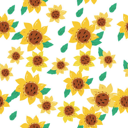 Seamless sunflower pattern design with hand drawn flowers. Summer decorative endless repeatable...