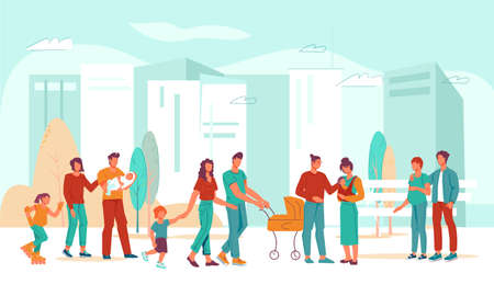 Landscape of a city park with families and children walking together. Banner background with parents and children spending joint free time, family day in the park, flat vector illustration.のイラスト素材