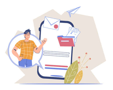Man sending mail via smartphone online mobile services. Business working process and sms sending, flat cartoon vector illustration isolated on white background.のイラスト素材
