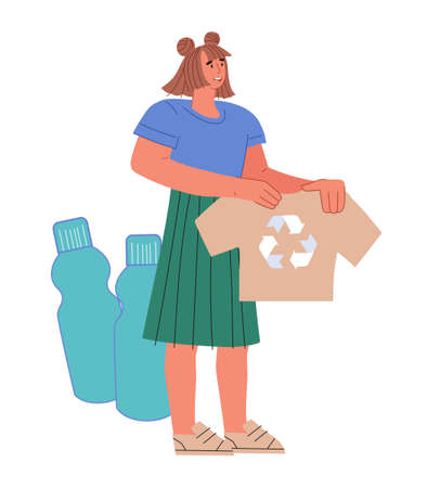 Woman sorts garbage for recycling and disposal. Production of fabrics of recycled and reuse of waste. Environment and ecology, flat vector illustration isolated on white background.のイラスト素材