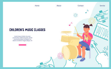 Kids music class website banner, flat vector illustration. Web banner interface mockup with child playing on drums, music lessons and art education.のイラスト素材