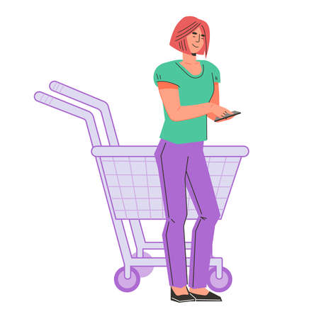 Woman shopping online in smartphone app, flat vector illustration isolated on white background. Fashion shopper or buyer female character with phone in hands.のイラスト素材