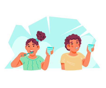Banner with kids taking care of dental health and hygiene, flat cartoon vector illustration isolated on white background. Banner with children brushing teeth and rinsing their mouth with mouthwash.のイラスト素材