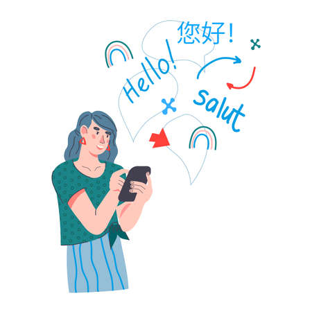 Woman using online language translator or learning app, flat vector illustration isolated on white background. Multilingual communication using translate app on smartphone.のイラスト素材