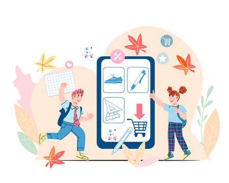 School stationery and supplies online sale banner with cute children buying goods for school, cartoon vector illustration isolated on white. Autumn sale banner template.のイラスト素材