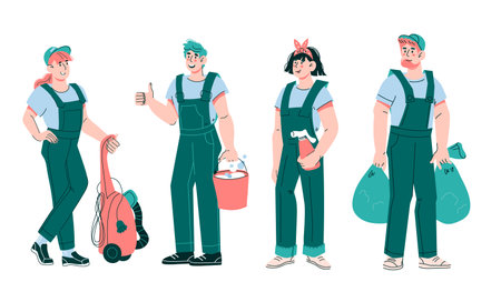 Cleaners and janitors staff or cleaning service team with various work tools and detergents, cartoon vector illustration isolated on white background.のイラスト素材
