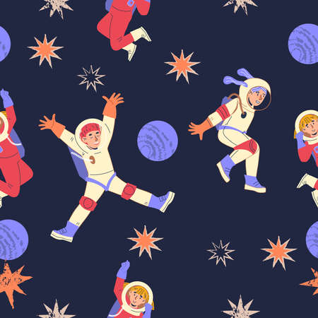Space seamless pattern design with kids astronauts and stars. Childish repeatable decorative background on space theme with kids cosmonauts, vector.のイラスト素材