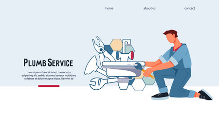 Plumber service website or landing page interface, flat vector illustration. Webpage with plumber installs and repairs the pipes, fittings of water supply.のイラスト素材