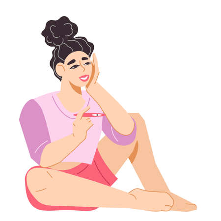 Woman happy to see positive pregnancy test result. flat vector illustration isolated on white. Woman glad and surprised with pregnancy.のイラスト素材
