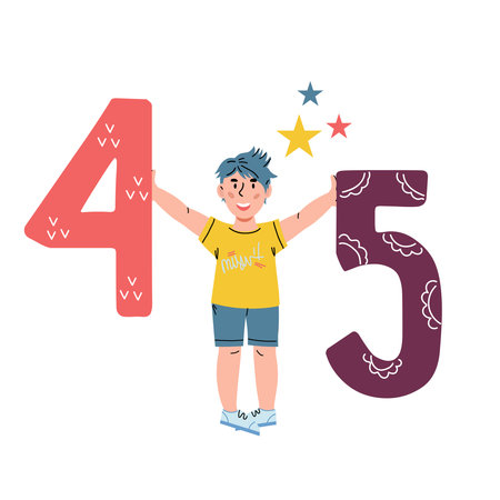Child boy with numbers in his hands, vector cartoon flat illustration isolated on white background. Child learning numbers, counting and mathematics or arithmetic.のイラスト素材