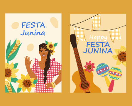 Festa Junina cards or posters set, flat vector illustration. Brazil June festival design for greeting card or invitation, holiday poster or leaflet.のイラスト素材